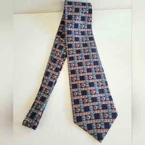 Oscar De La Renta Silk Tie - Blue Gold Stripes & Flowers